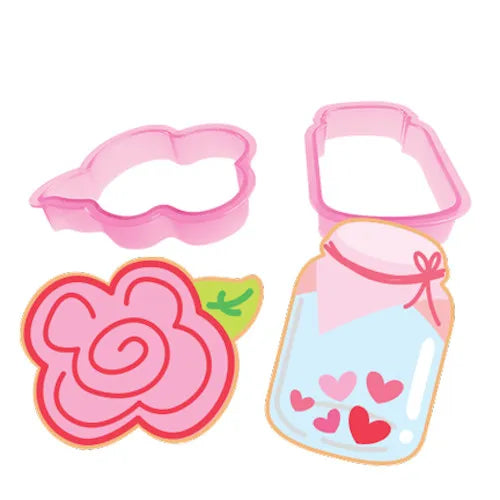 CORTADOR GALLETAS PLASTICO FLOR ROSA, CONTENEDOR