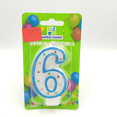 VELA NUMERICA CONFETTI AZUL NUMERO 6