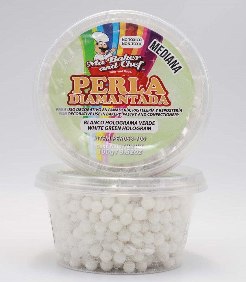PERLA DIAMANTADA MEDIANA BLANCO HOLOGRAMA VERDE