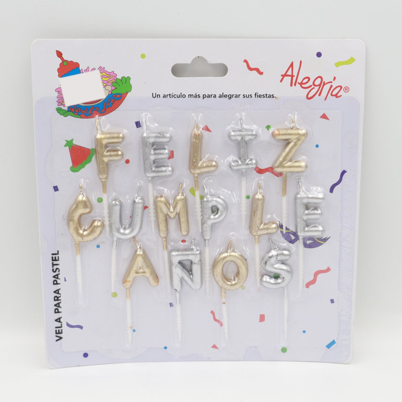 VELA MENSAJE FELIZ CUMPLEAÑOS ORO,PLATA ALEGRIA