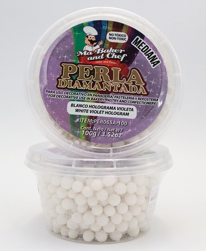 PERLA DIAMANTADA MEDIANA BLANCO HOLOGRAMA VIOLETA 100 GR MA BAKER