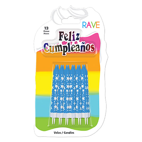 VELA DECORADA AZUL ESTRELLAS PLACA ALEGRIA