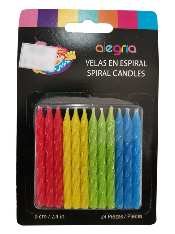 Velas en Espiral con Brillo - Rojo/Amarillo/Verde/Azul - 24 pzs - Alegria