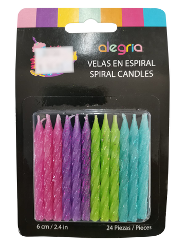 Velas en Espiral con Brillo - Rosa/Morado/Verde/Azul - 24 pzs - Alegria